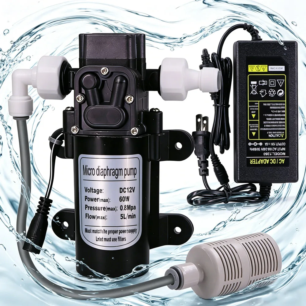 

60W Diaphragm Self-Priming Pump w/ 110-240V Power Supply 1/4" Filter Hose Kit Garden Spray Irrigation Misting Cool Watering Pump