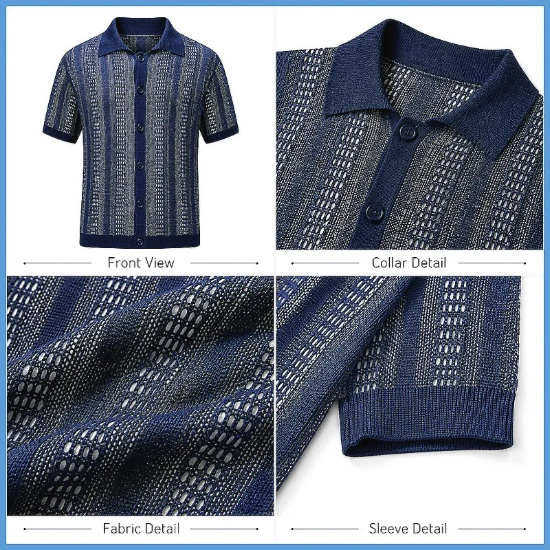 UETEEY Men's Spring Summer Lyocell Tencel Mesh Polo Shirt Slim Fit Short Sleeve Knitted Lapel Solid Color Breathable Lightweight