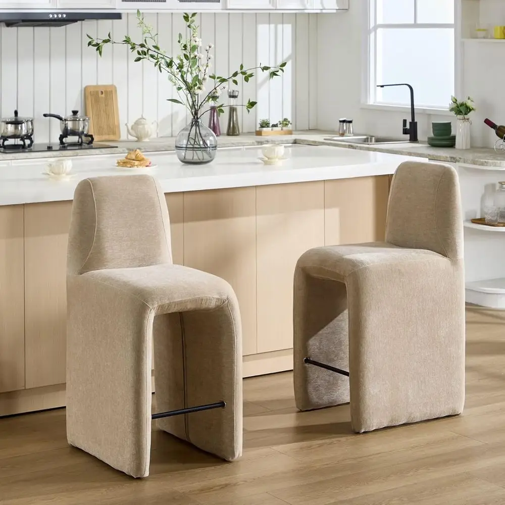 

Pair of 26 Khaki Chenille Upholstered Counter Stools with Back Support for Kitchen Island, Breakfast Nook, Dining, and Pub Setti