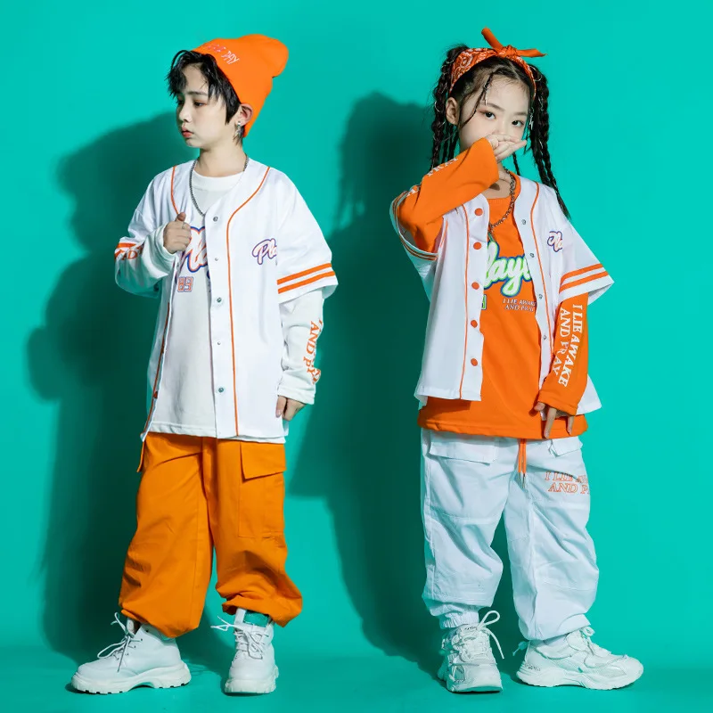 Kids Hip Hop Clothing White Tops Streetwear Orange Jogger Tactical Cargo Pants for Girls Boys Dance Costume Clothes