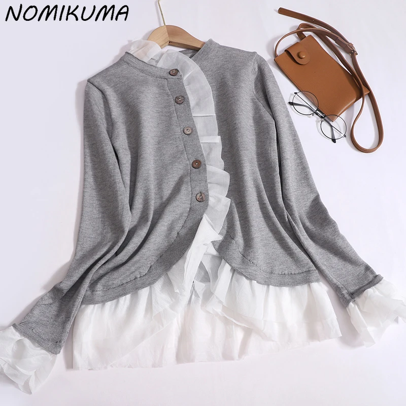 Nomikuma Ruffle Chiffon Patchwork Knitwear Women Autumn Elegant Fashion Sweater Coat Causal Long Sleeve 2023 Knitted Cardigans