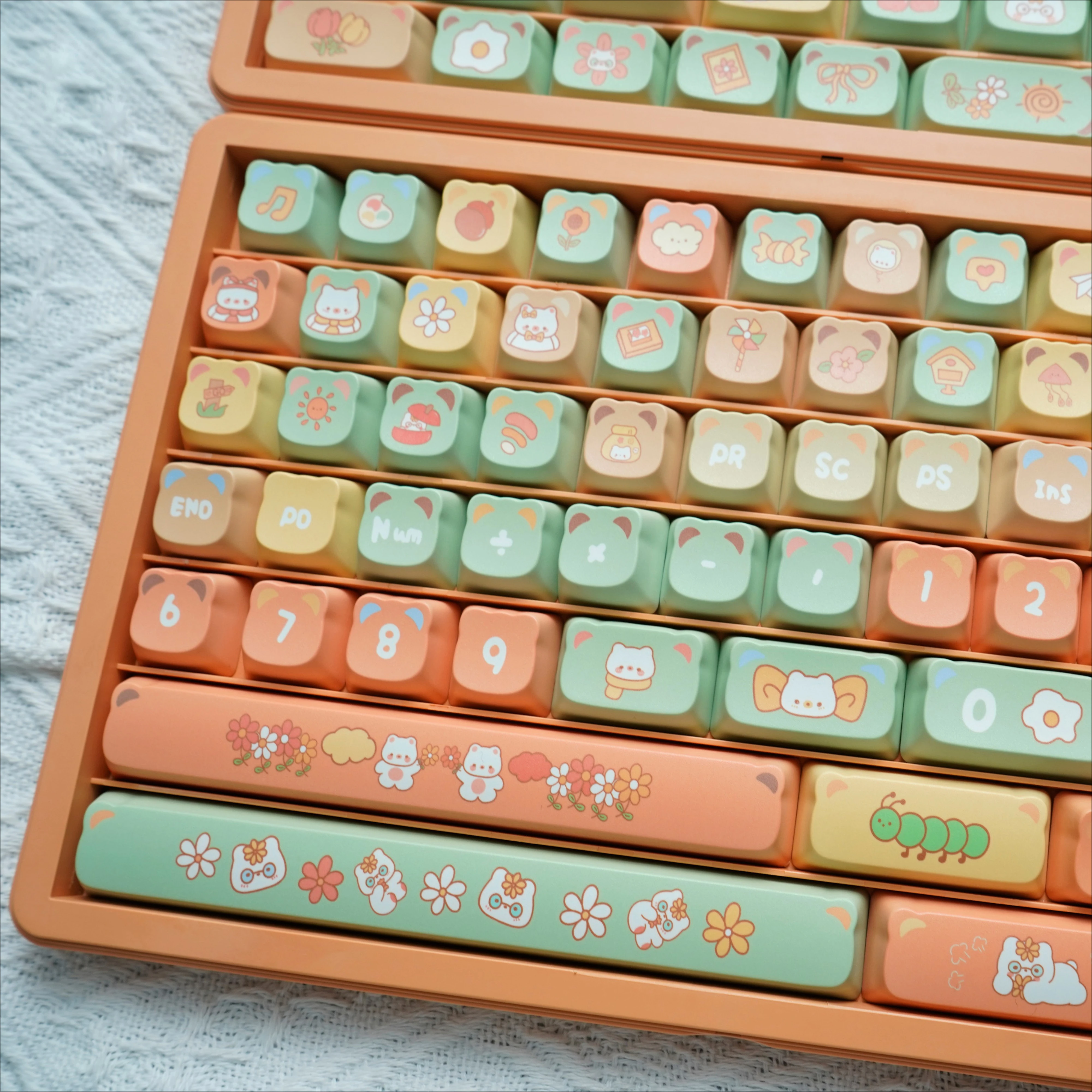 Cute Citrus Bear Theme Keycap, Material original PBT, Ear Keyboard Cap, Keycaps gravados laterais, PBT, perfil, presentes para meninas, 138 chaves