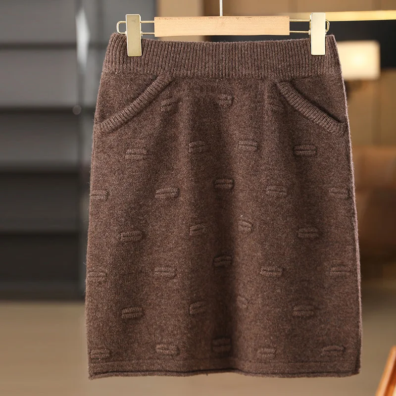 

Autumn Winter New 100% Wool Short Skirt Women High Waist Knitted A-line Skirt Slimming and Versatile Hip hugging One Step Skirt