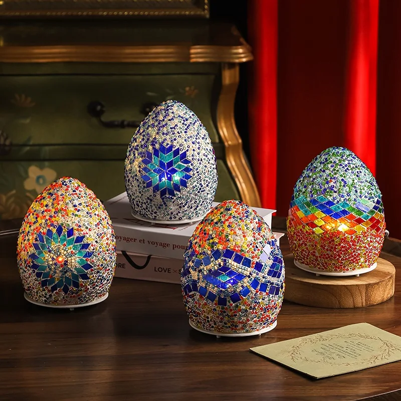 USB Rotating Egyptian Egg Lamp Vintage Art Deco Handcrafted Lamparas De Mesa Mosaic Bed Light Lamparas Con Mosaicos Night Lights