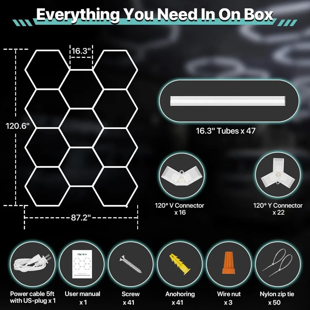Hexagon Garage Lights: 329W 47Pack 11 Grids Hexagon LED Lights - Easy Install 6500K Super Bright Honeycomb Lights Ceiling