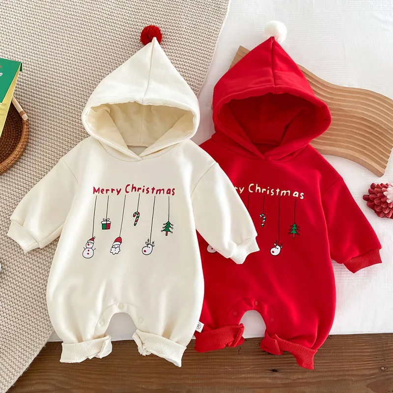 2023 New Christmas Costume Infant Baby Boys Girls Jumpsuit Hooded Cartoon Printing Plush Thicken Romper New Year Kids Clothing