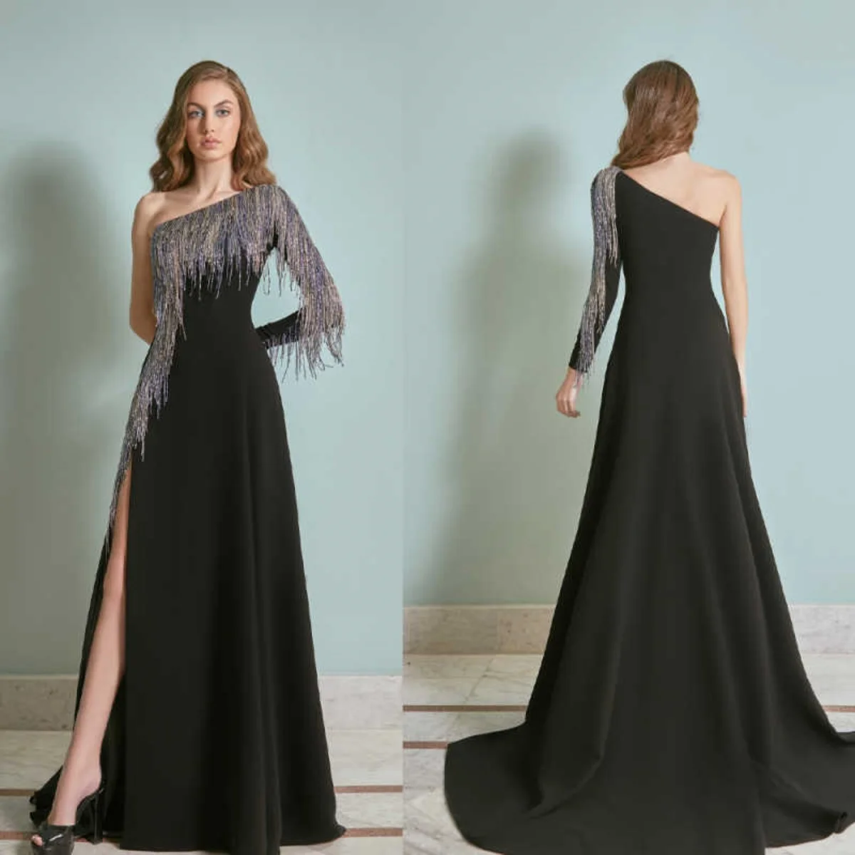 

Luxury Women's Evening Dresses One-Shoulder Long Sleeve Shiny Tassel High Split Runway Show Party Prom Customized