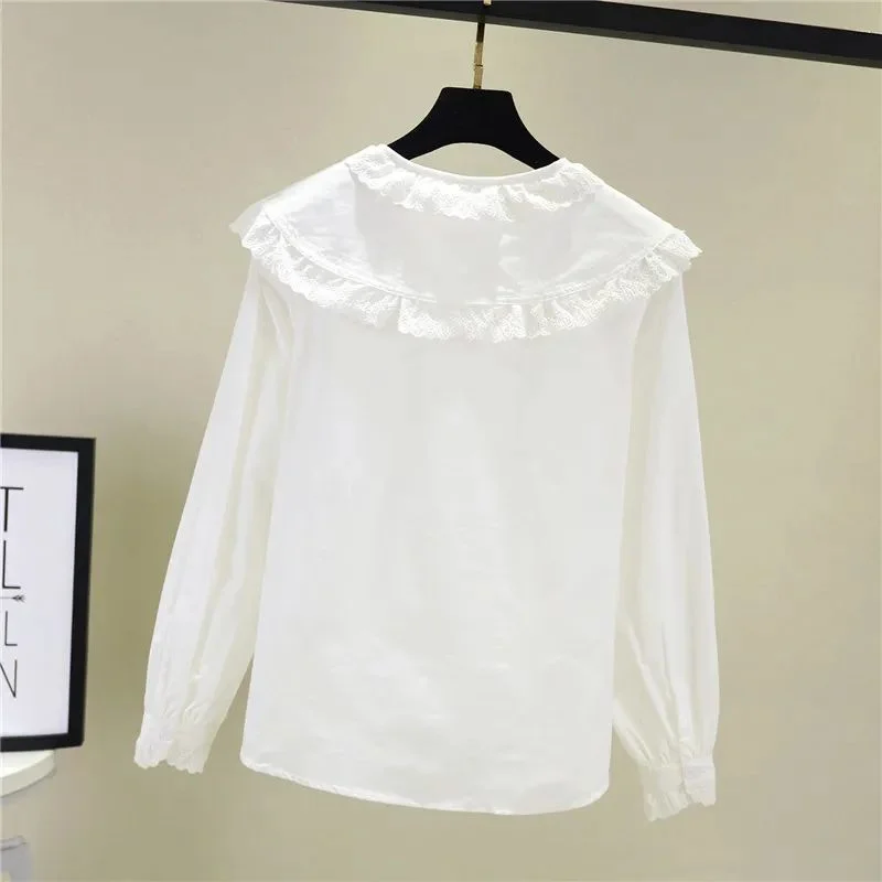 Spring Autumn Large Turndown Collar Shirt Women's Sweet Lace Doll Collar Long Sleeve Top Loose Single Breasted Versatile Blouse
