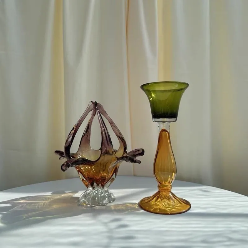 Retro glass candle holder, candlelight romantic home geometric elegant ornament