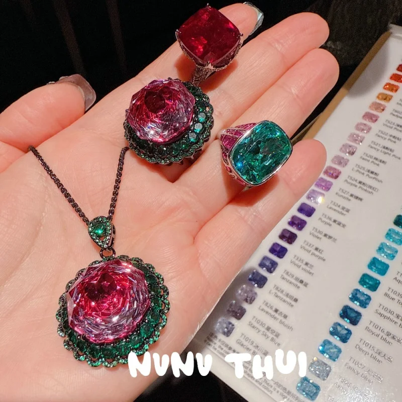 

Court Rouge Ruby Rose Cut Pendant Necklace High-end Jewelry Rose Red Zircon Ring Set