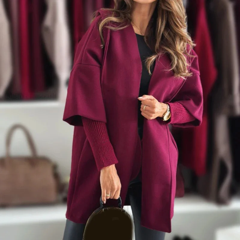 

Autumn Elegant Hooded Tweed Jacket 2024 Women Casual Long Sleeve Patchwork Loose Long Coats Winter Fashion Solid Color Outerwear