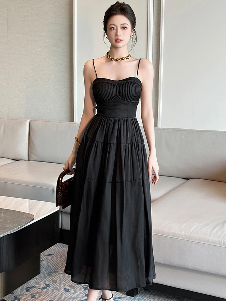 Elegant Host Evening Dress Women's French Sweet Black Strap Backless Waist Large Swing Robe Female Party Catwalk Prom Vestidos