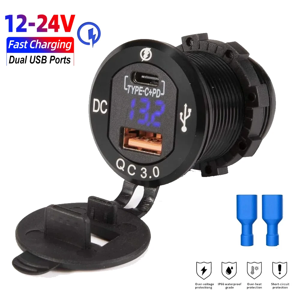 

12V USB Car Fast Charging Charger QC3.0 and PD Charger Power Socket with Voltmeter Car Electronic Accessories