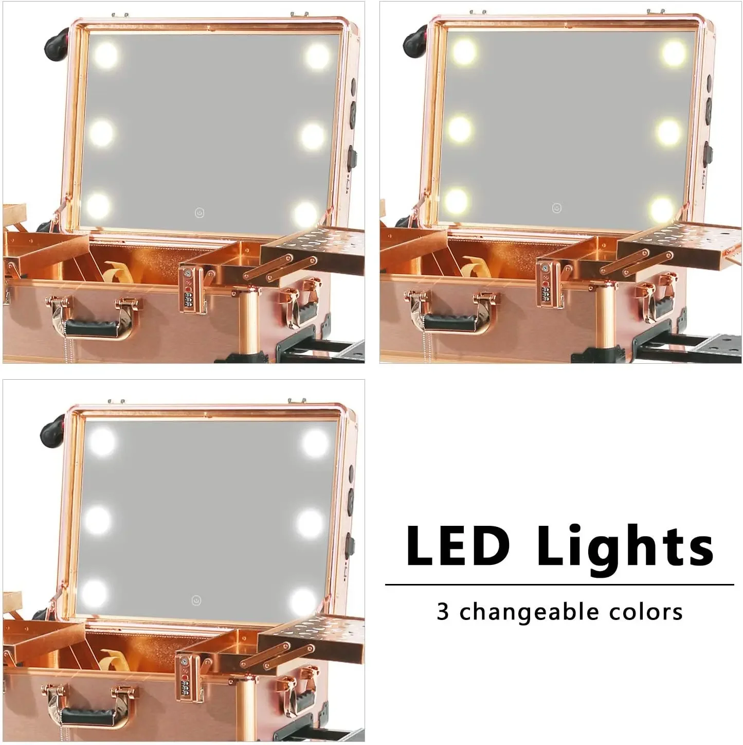 

2025/Rose Gold Bluetooth Speakers Makeup Station Full Screen Lighted Mirror & 3 Light Colors Trolley Lighted Rolling Case