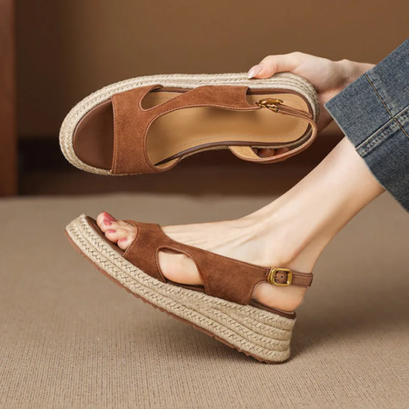 Fashion Slope Heel Thick Sole Fish Mouth Sandals Women's New Matte Woven Muffin Shoes Waterproof Table Empty High Heels