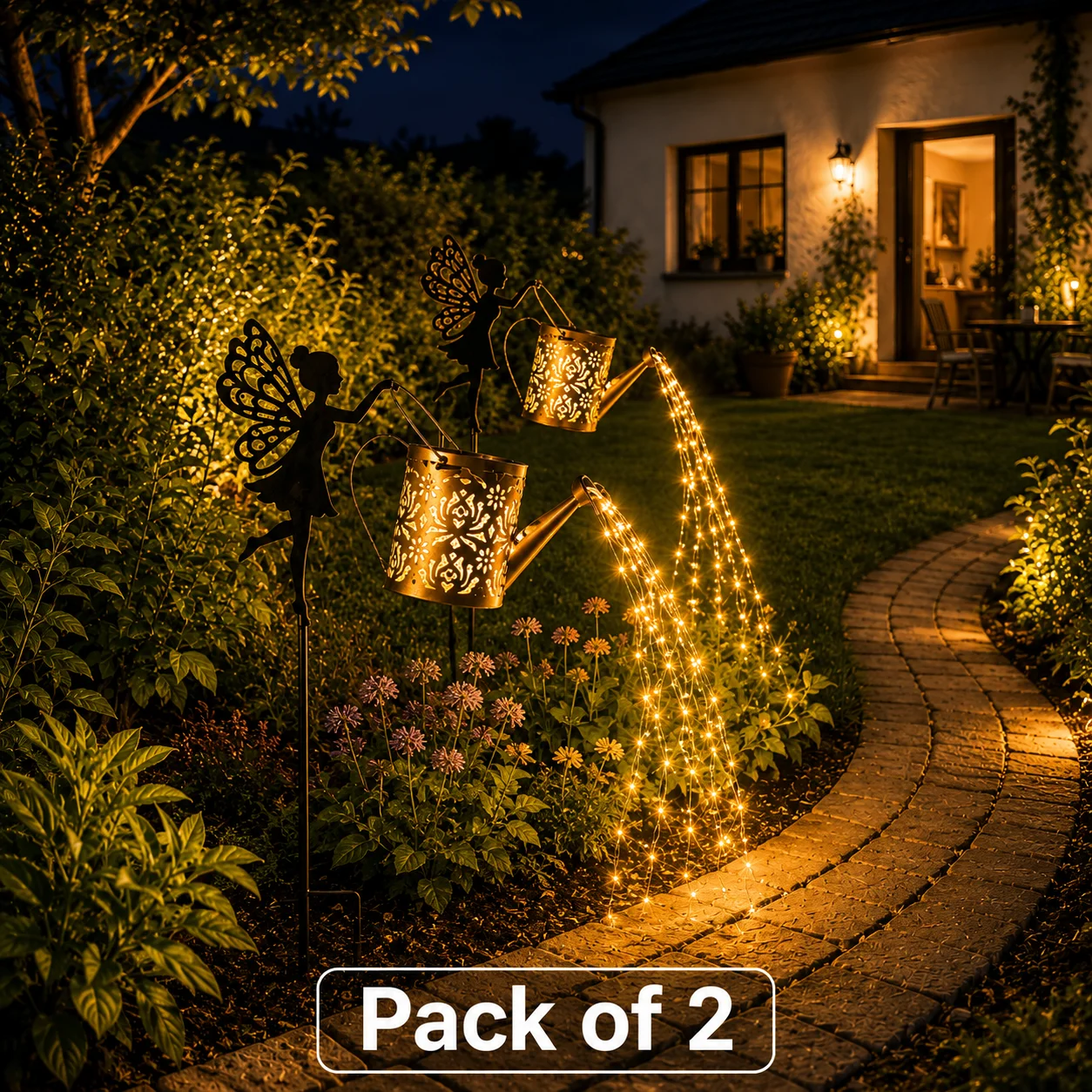 SETONR Lot de 1 ou 2 lampes solaires de jardin avec fée et arrosoir, décoration de jardin solaire en métal avec guirlande lumineuse LED, lumière décorative extérieure étanche IP44 pour jardin, patio, pelouse, cour et allée