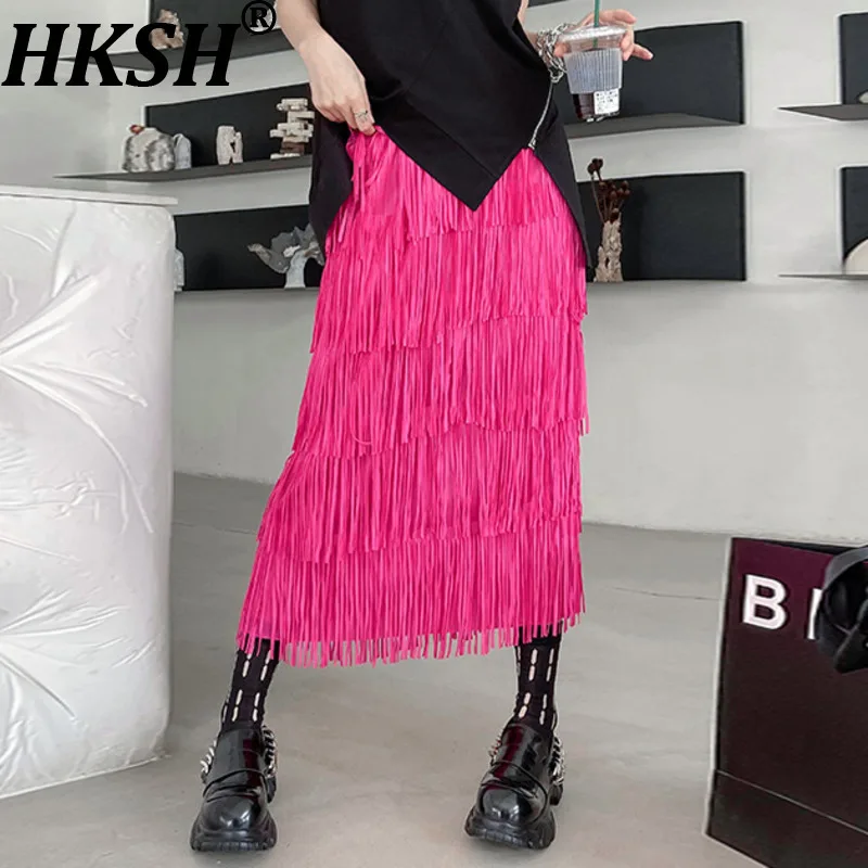 

HKSH весенне-осенняя новая женская юбка с эластичной резинкой на талии, многослойная кисточка, однотонная, универсальная, утягивающая, элегантная, шикарная юбка HK16643