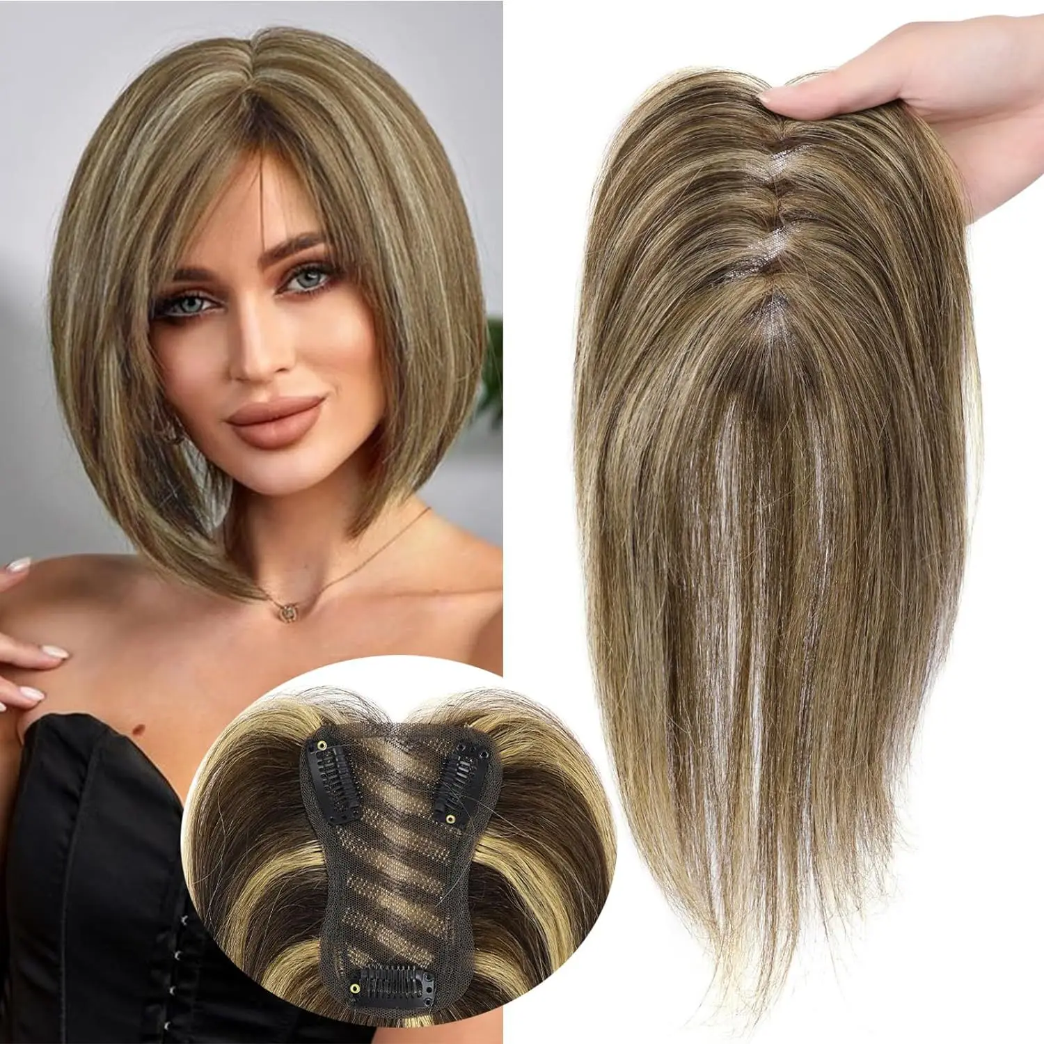 

Hair Toppers Middle Part Women Synthetic Topper with Lace Base Clip in Hair Extensions Ombre Blonde Balayage Brown Hairpieces