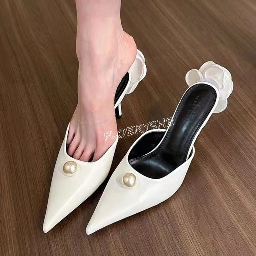 

White Pearl Summer Outer Slippers Leather Outside Sandals Party Dress Pointed Toe Thin High Heel Round Open Toe Large Size