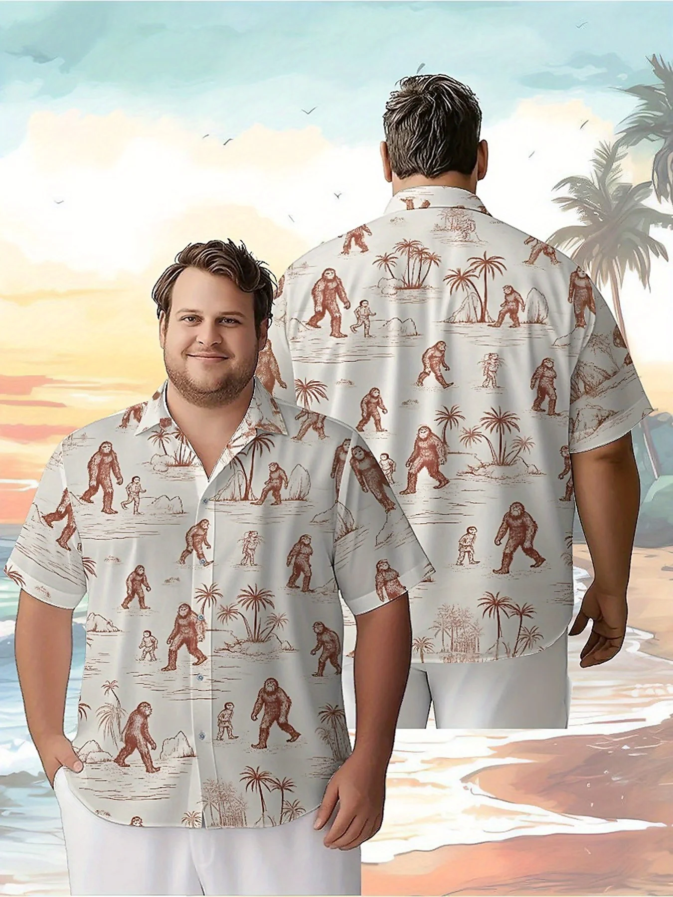 

Men's Plus Size Hawaiian Shirts Sasquatch Travels Through Time and Space pattern,summer Weekend Getaways ,tropical Vacations