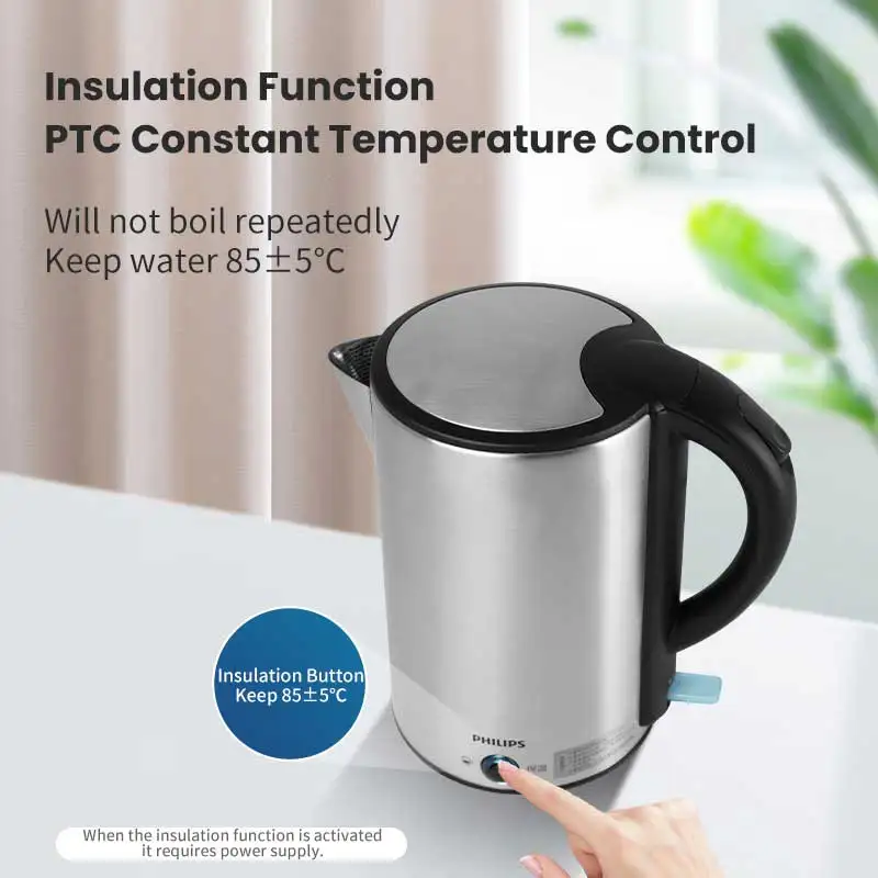 กาต้มน้ำไฟฟ้าฟิลิปส์ รุ่น HD9316 ความจุ 1.7 ลิตร 1800 วัตต์ พร้อมฟังก์ชั่นควบคุมอุณหภูมิคงที่ ผลิตจากสแตนเลสเกรด 304 สำหรับอาหาร