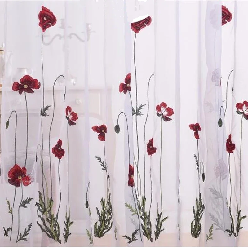 2023 new White Sheer Embroidered Red Flower Curtains Tulle for Living Room Simple Pastoral Window Screen Voile Curtain