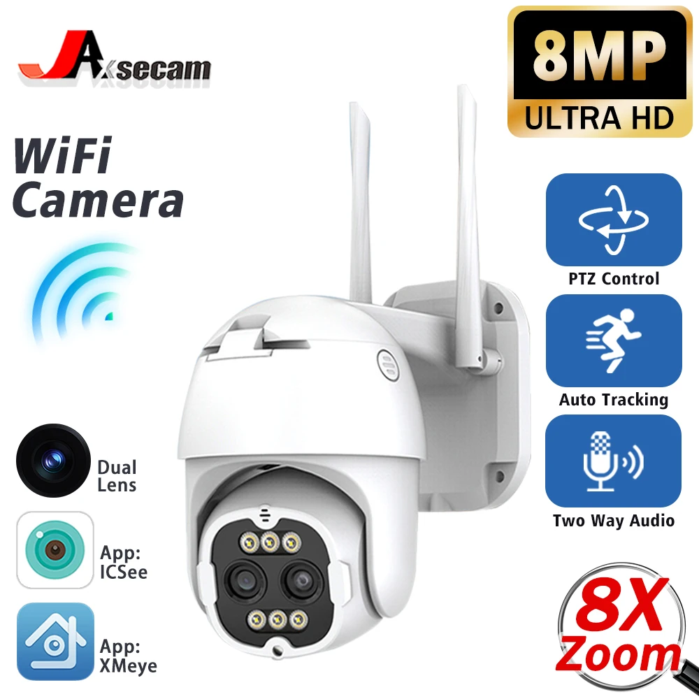 

8MP 8X Zoom PTZ WiFi Camera Two Lens Dual Screen Color Night Vision Outdoor Security IP Camera CCTV Surveillance Camera ICSEE