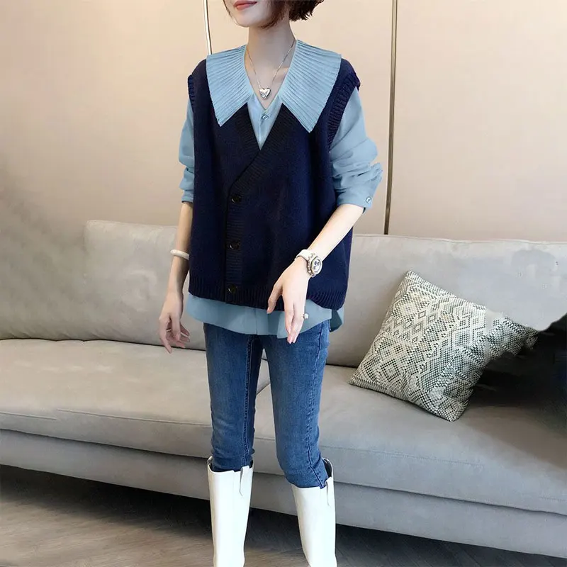 Stylish 2023 Turn-down Collar Casual Single-breasted Blouse Korean V-Neck Knitted Sweater Vest All-match Solid Color Loose Shirt