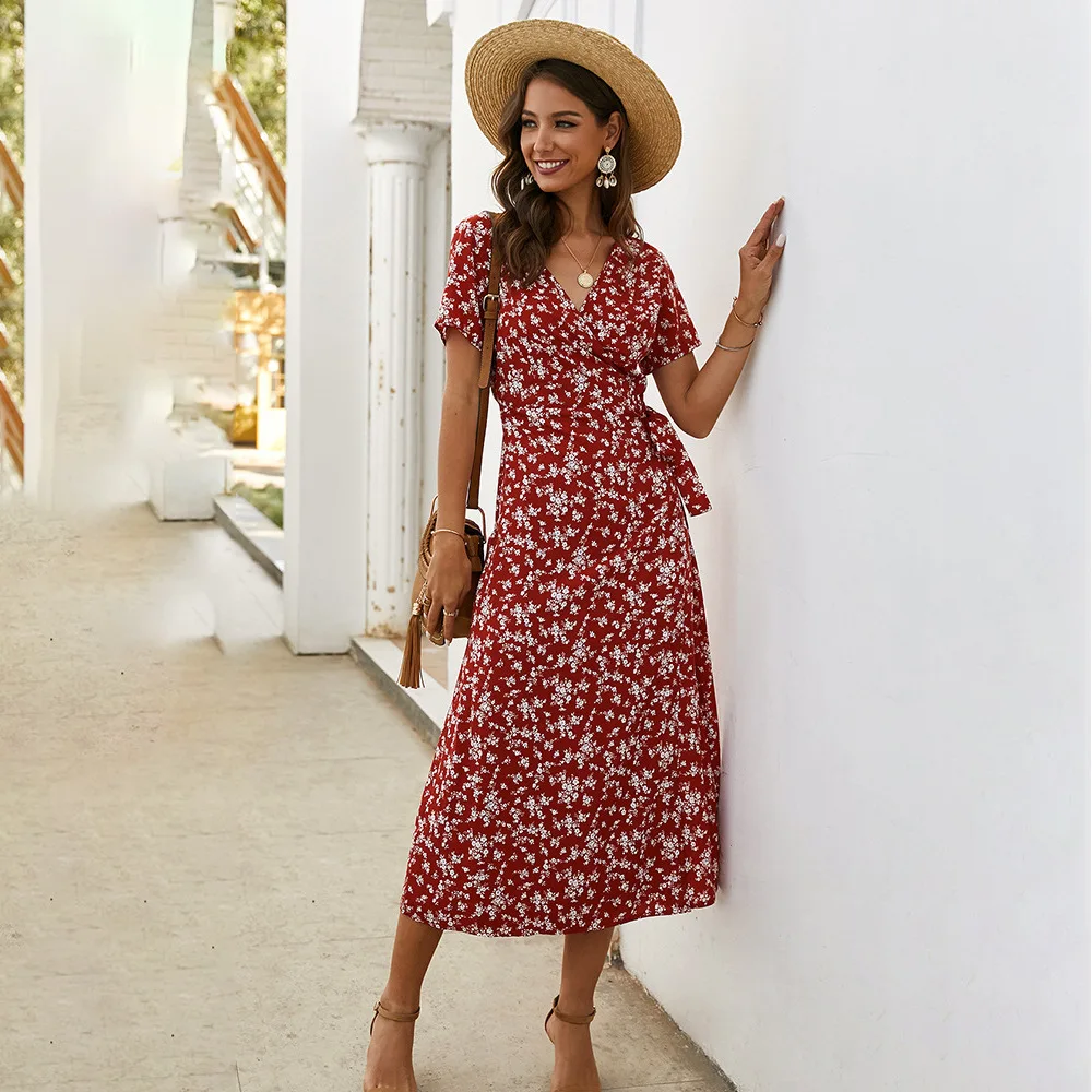 

2025 Summer Bohemian Women Long Dress Casual Short Sleeve High Waist Lace-up Beach Woman Dresses Floral Vestidoes Mujer New