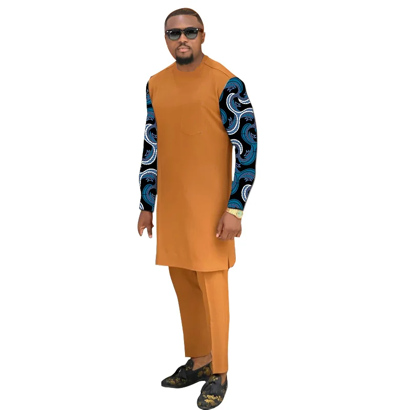 

Nigerian Fashion Orange Men's Outfits Patchwork Shirt Long Sleeve Tops+Trousers African Print Customize Male Set Clothing