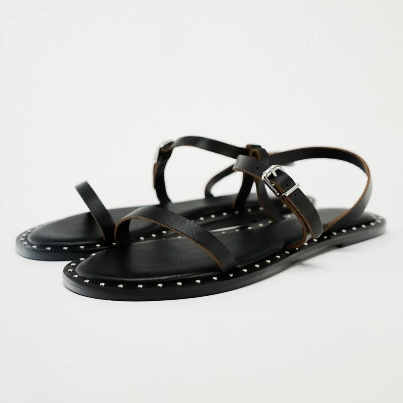 

Retro Rivet Decoration Flat Sandals Women Summer Sexy Open Toe Metal Buckle Designer Shoes Comfort soft sole Roman Beach Shoes