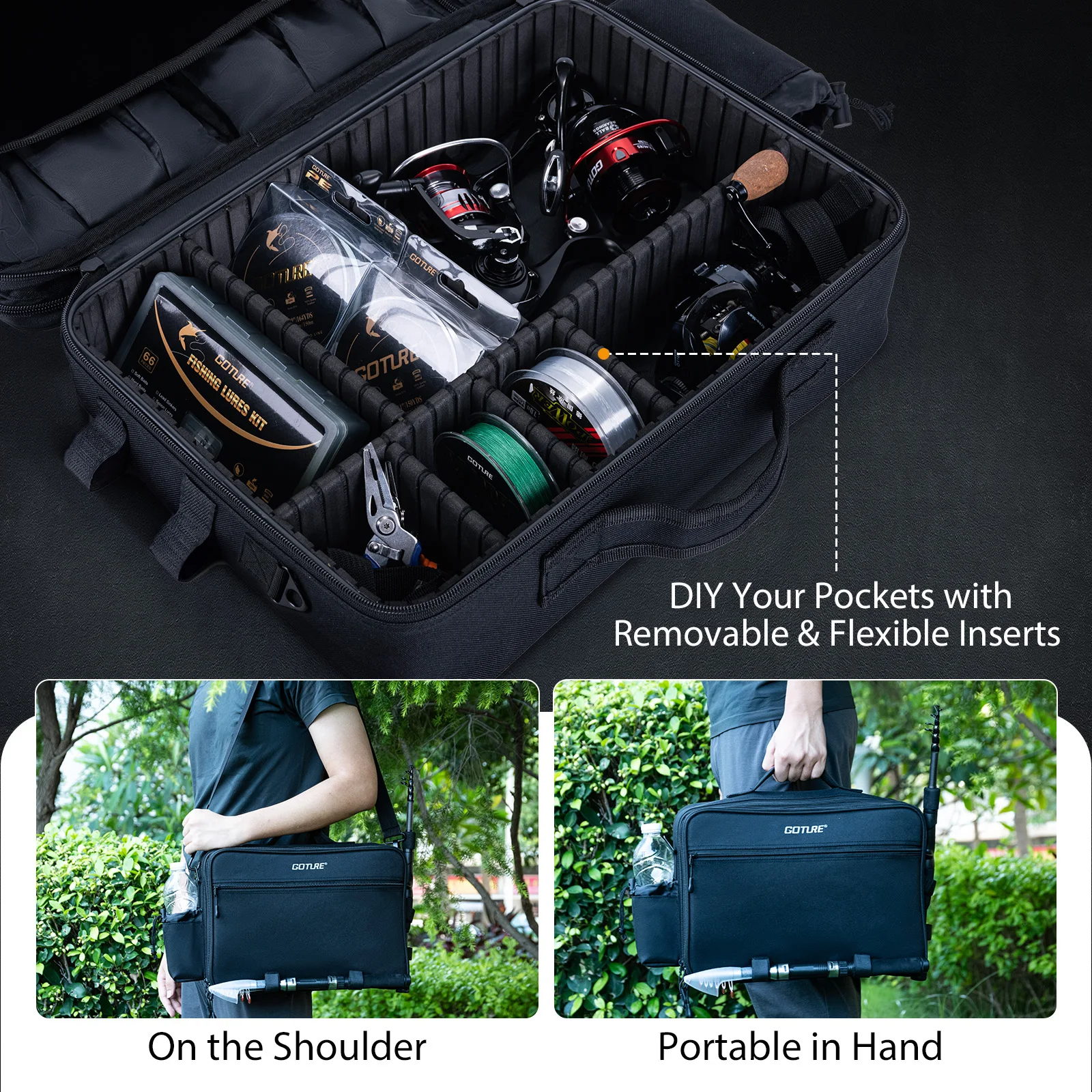 Mochila de pesca Goture 600D – Impermeable con divisores extraíbles