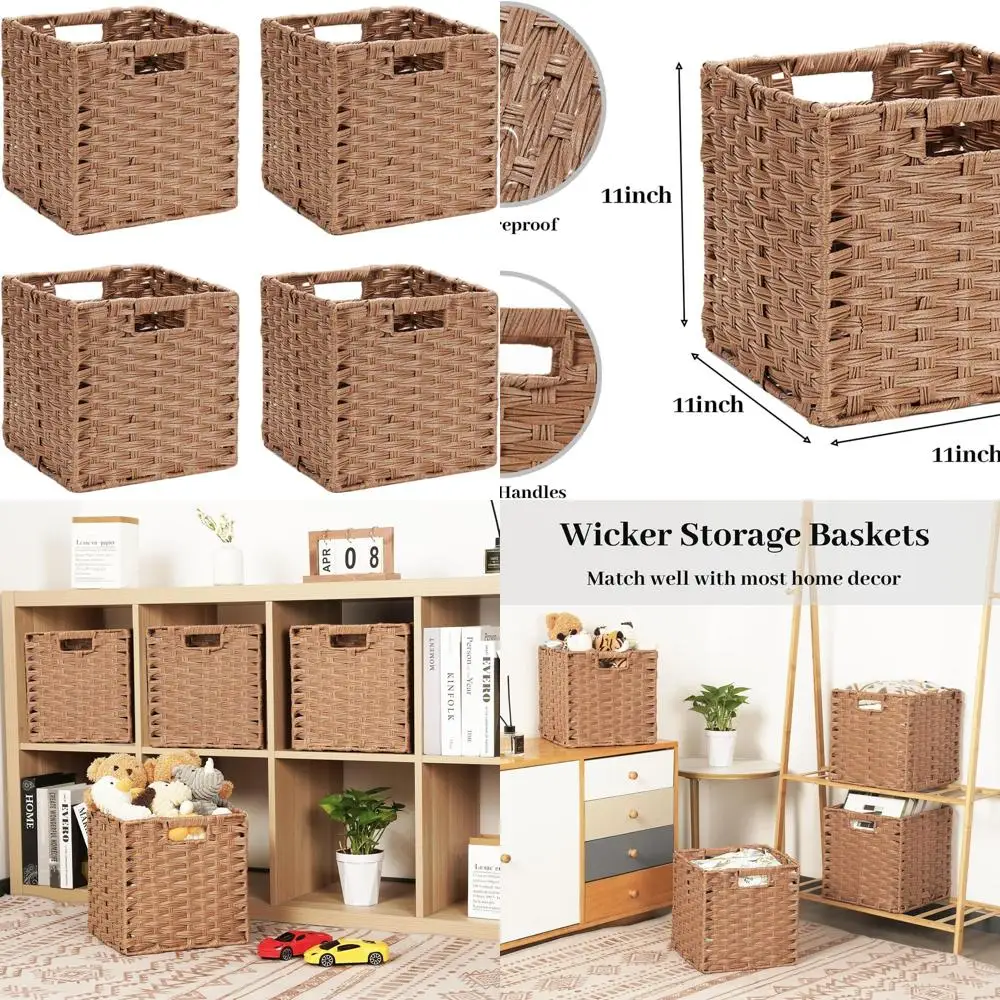 

Set of 4 Foldable Wicker Storage Cubes, 11x11x11 inches, for Organizing Clothes, Toys in Brown