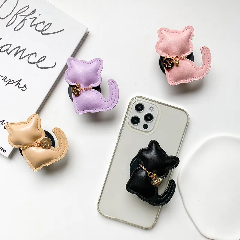 

Luxury Kitty Cat Leather Mobile Phone Holder Stand Fold Finger Grip Bracket Accessories Socket For iPhone 15 16 17 Xiaomi Holder