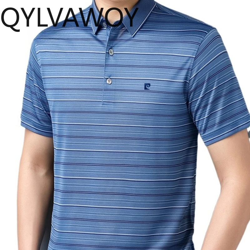 QYLVAWOY Summer Men's Silk Short-Sleeve T-Shirt Lapel Polo Shirt Comfortable Wrinkle-Resistant High-Quality Casual Top LJ2782