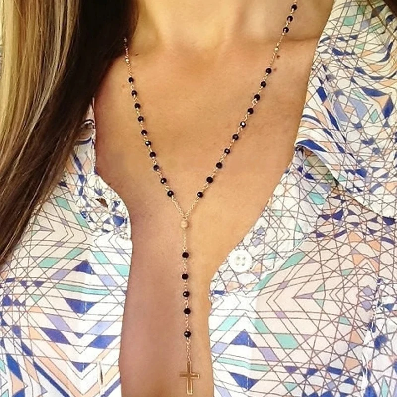 Long Tassel Cross Pendant Necklaces For Women Jewelry Sweater Rosary Black Beads Necklace Chain Bijoux Femme Kolye Collares
