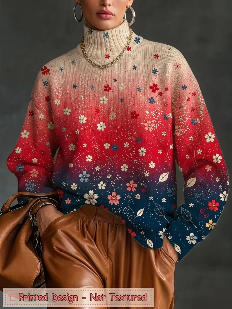 T-shirt à col roulé pour femmes, imprimé floral dégradé, manches longues, pull ample décontracté pour l'automne et l'hiver, hauts vintage à imprimé floral, tricoté.