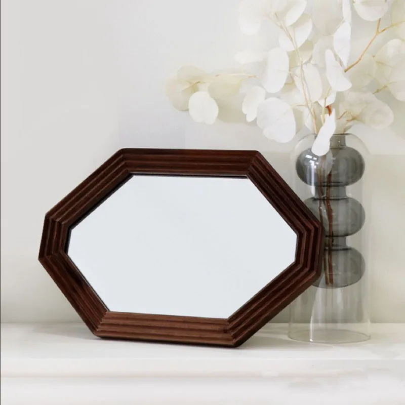 Solid Wood Retro Makeup Mirror Wall-mounted Thickening Black Walnut Creative Hex Makeup Mirror Bedroom Decoration