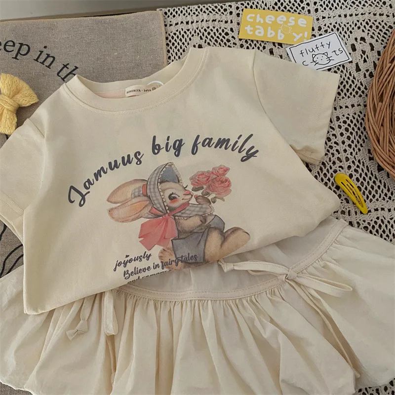 Kids Girls 2pcs Cute Skirt Sets Cartoon Print Pullover Soft T-shirt+High Waist A-Line Bubble Skirt 2-8Y Children Summer Clothing