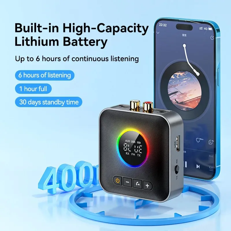 4-в-1 RGB Красочная подсветка Bluetooth 5.4 Аудиоприемник Передатчик FM USB 3,5 мм AUX RCA HIFI Музыка Светодиодный дисплей Беспроводной адаптер