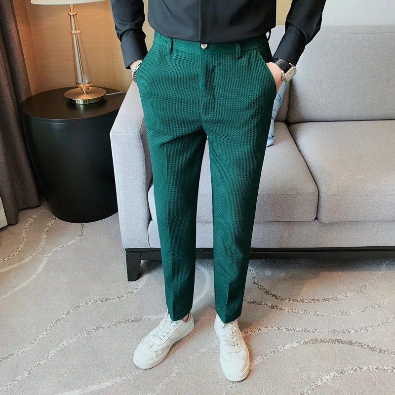 2022 Autumn New Waffle Stretch Waist Business Formal Pants Men Fashion Wedding Slim Trouser Mens Brand Social Party Suit Pants