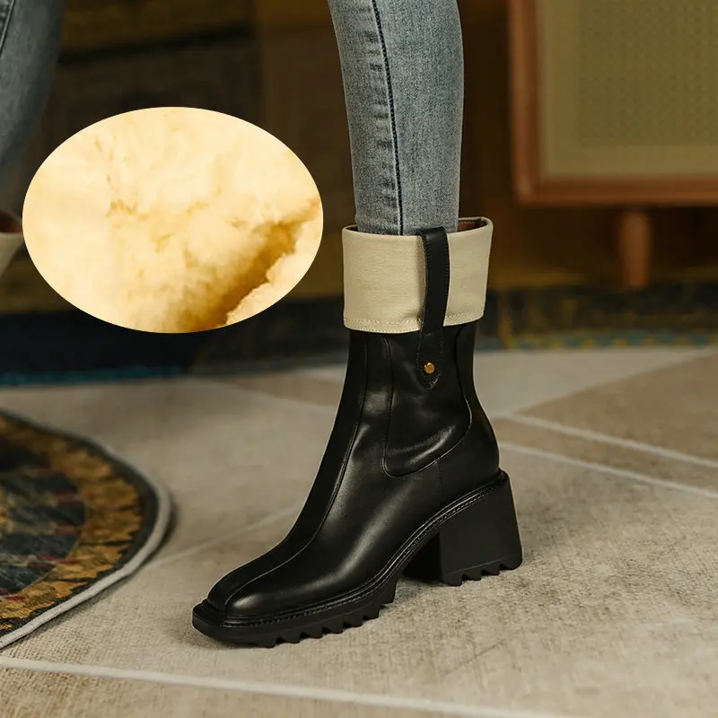 

New Winter Snow Boots Women Warm Wool Fur Shoes Fashion Genuine Leather Flat Non-slip Waterproof Women Mid Calf Boots