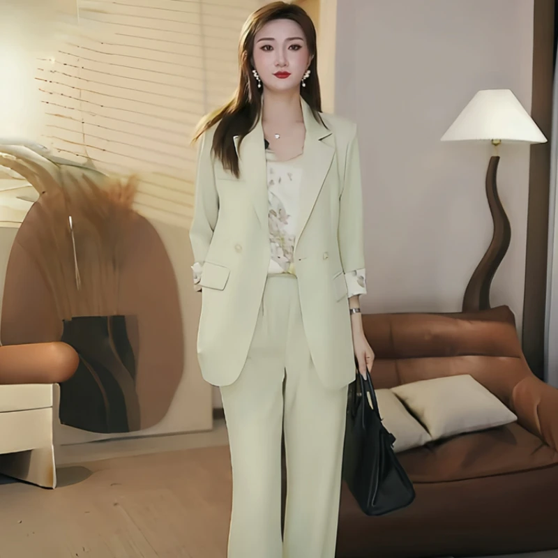 Women's Chinese Short Disc Button Rolled Side Blazer Wide-leg Pants Set Vintage Commuter Print Patchwork Suit Pant Two-piece Set