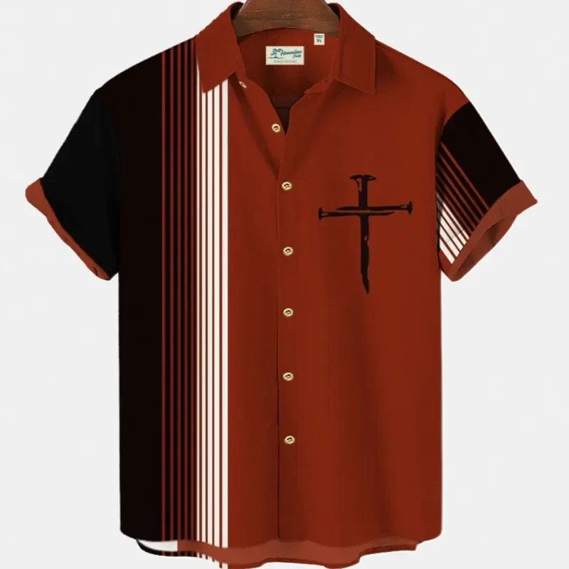 Simple Striped Small Fresh Pattern Printed Hawaiian short-sleeved Shirt Comfortable open-front men's Lapel Top Casual men's Shir