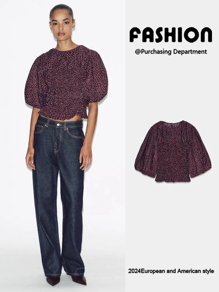 

Spring New Women's round Ne Honeycomb Elastic Polka Dot Balloon Sve Top Faionable Versatile Ladies' Knittedwear