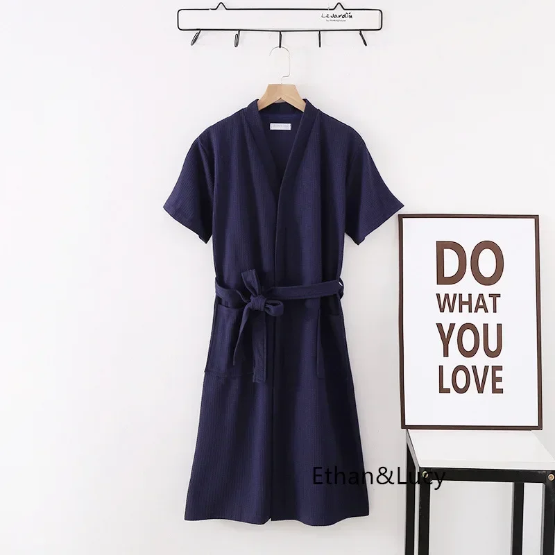 100% Cotton Waffle Robes for Women Summer Thin (nine Sleeves + Short Sleeves) Bathrobe Nightgown Home Service Hotel Bathrobe