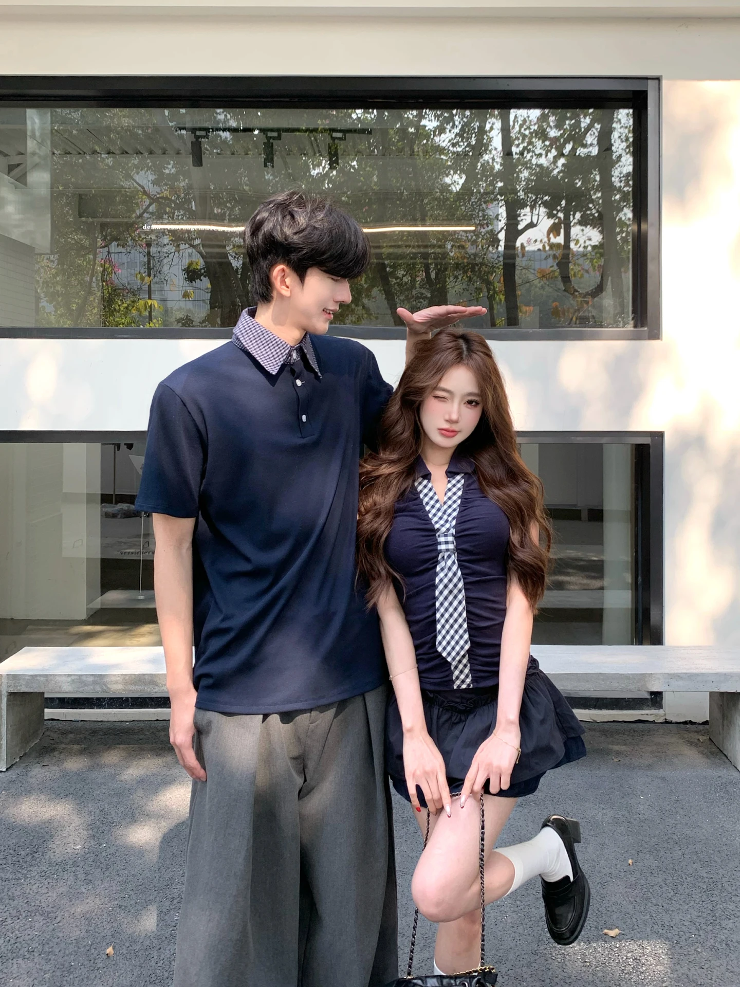 Unique Design Couple Summer Short Sleeve Turn-down Collar Men's Slimming A-line Short Skirt Set Fashionable French Style T-shirt