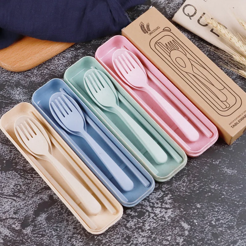 Outdoor Portable Wheat Straw Tableware Spoon Chopsticks Set Wheat Straw Students Chopsticks Fork Knife Three-piece Set