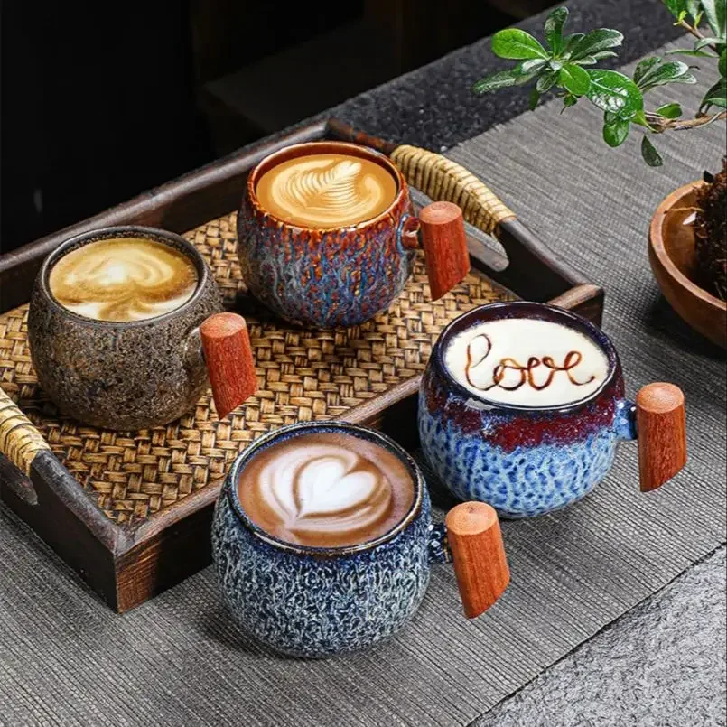 

Creative Retro Heavy Coarse Clay Mug 220ml Ceramic Kiln Transmutation Tea Coffee Cup Wooden