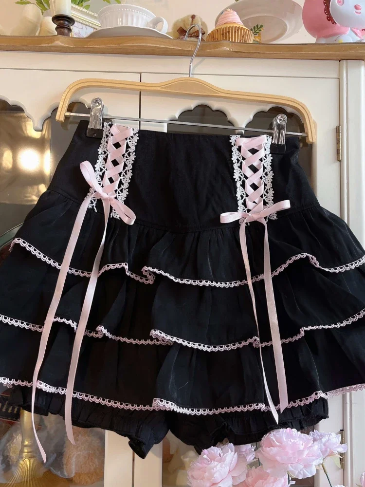 Pink Kawaii Lolita Cake Skirts Women Japanese Sweet Cute Party Mini Skirt Female Bow Lace Elegant Harajuku Pleated Skirts 2024